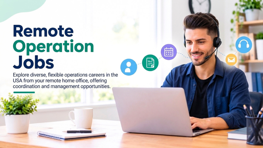 Man working remotely on a laptop for remote operations jobs