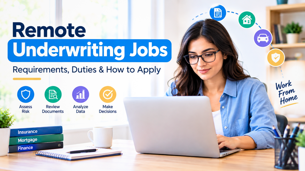 Woman working remotely on a laptop as an underwriting professional