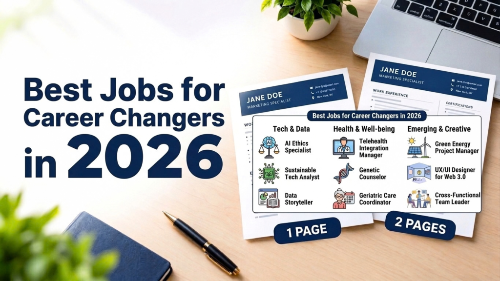 A desk setup with documents, a laptop, and bold text reading "Best Jobs for Career Changers in 2026