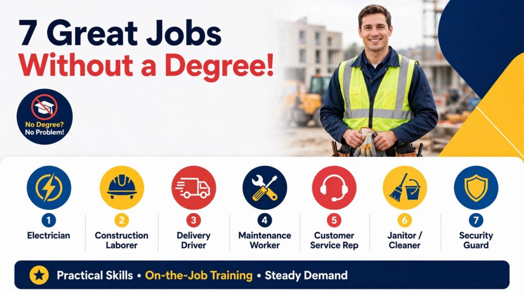 Infographic showing 7 jobs that don't require a college degree — electrician, construction laborer, delivery driver, maintenance worker, customer service rep, janitor, and security guard